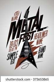 Retro style metal fest poster design with v style electro guitar and place for text