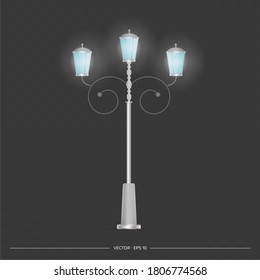 Retro style metal lantern. Lamp post with realistic light. Vector.