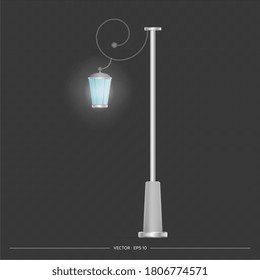 Retro style metal lantern. Lamp post with realistic light. Vector.