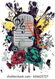 Retro style metal microphone colorful grunge illustration, music background.