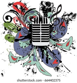 Retro style metal microphone colorful grunge illustration, music background.