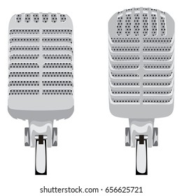 Retro style metal microphone illustration on white background.