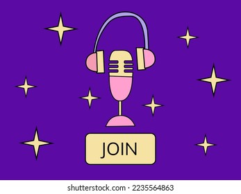 Retro style microphone icon with headphones. Illustration for podcasting and broadcasting, online radio, streaming services