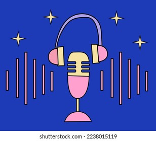 Retro style microphone icon with headphones. Illustration for podcasting and broadcasting, online radio, streaming services