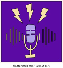 Retro style microphone icon. Mic with lightnings. Illustration for podcasting and broadcasting, online radio, streaming services