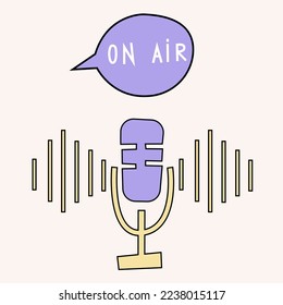Retro-Mikrofon-Symbol mit Sprachblase On Air. Illustration für Podcasting und Rundfunk, Online-Radio, Streaming-Dienste