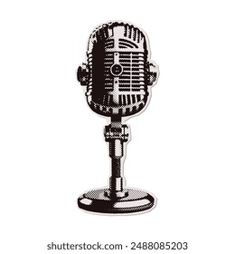 Retro style microphone in trendy halftone collage style. Vintage mike design in trendy retro 90s magazine style. Vector illustration