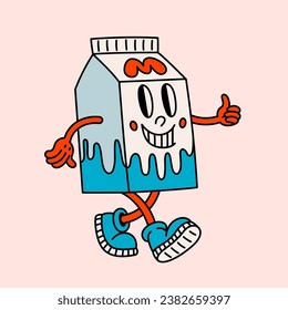 Retro style milk box cartoon character. Groovy vintage 70s milk character with funny face giving a thumbs up.