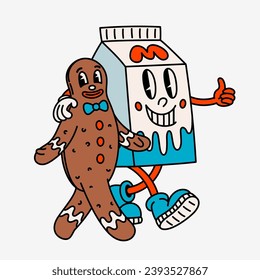 Retro style milk box and gingerbread man cartoon character. Groovy vintage 70s milk and cookie characters walking arm in arm.