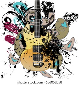 Retro style modern guitar colorful grunge illustration, music background.