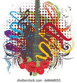 Retro style modern guitar colorful grunge illustration, music background.