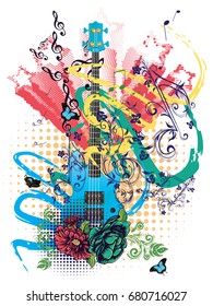 Retro style modern guitar colorful grunge illustration, music background.