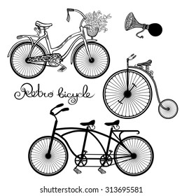 Retro style mono and tandem bicycles hand drawn set isolated vector illustration