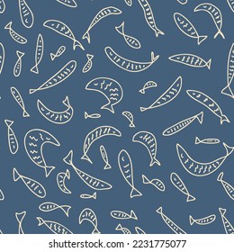Retro style monochrome fishes seamless pattern. Perfect print for tee, paper, textile and fabric. Animalistic vector background for decor and design.


