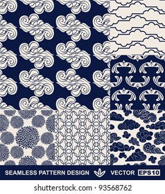 Retro style monochrome vector seamless fabric, pattern, wallpaper, wrapping and background set with vintage clouds, birds, flowers and geometric ornaments for decoration and design