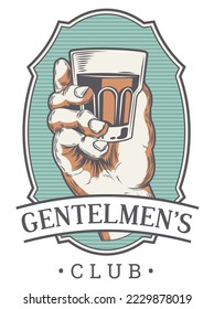 Retro style Monochrome whiskey bar logotype with male hand holding glass of strong alcohol and ice cubes in vintage style isolated vector illustration