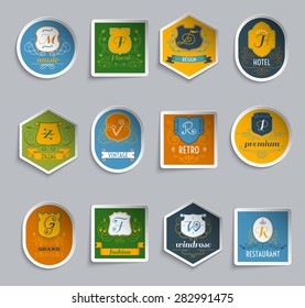Retro style monogram shields premium stickers set isolated vector illustration 