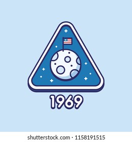 Retro style Moon landing badge with American flag on moon, Apollo 11 mission. Line icon, flat vector illustration.