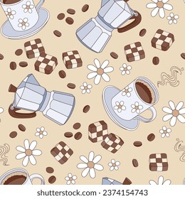 Retro style morning cup of black coffee with sweets and coffee pot floral vector seamless pattern. Groovy coffee background.