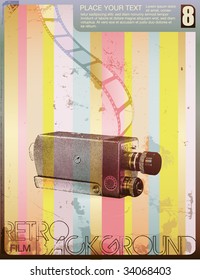 Retro Style Movie Poster With Vintage Halftone Camera Grungy Textures And Filmstrip