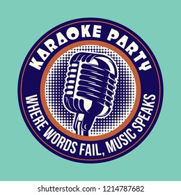 Retro style music emblem with microphone for karaoke party. Vector color illustration.