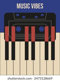 Retro style Music Poster design with Music Tape and Piano keys. Trendy vintage Musical art with audio cassette and typography inscription. Vector illustration avant-garde aesthetic.