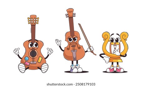 Retro Style Musical Instruments like Cello, Violin and Lyre With Cartoon Faces And Cute Expressions. Vector Illustration