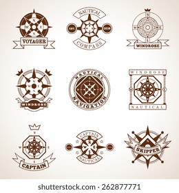 Retro style nautical skipper compass label set with isolated vector illustration