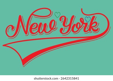 Retro style 'New York' text design with a red script font, two small hearts, and a teal background. - Powered by Shutterstock - Get 15% off with code: PIKWIZARD15