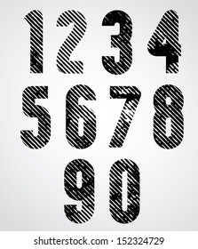 Retro style numbers with halftone lines print texture and rounded corners, macro aged dirty and grunge numerals, none of existing fonts were not used, letters was designed specially. Vector set.