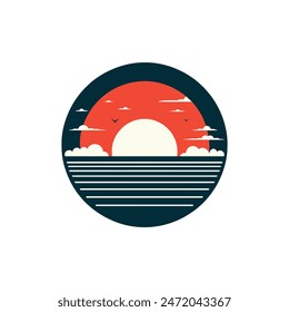 Retro Style Ocean Sunset Vector in Circle Silhouette on White Background
