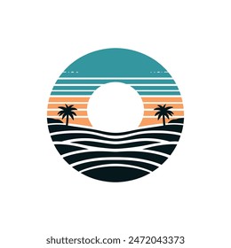 Retro Style Ocean Sunset Vector in Circle Silhouette on White Background