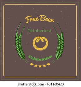 Retro style oktoberfest poster with pretzel and label on dark background. Beer festival vector illustration