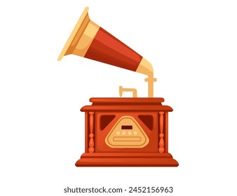 Retro style old golden gramophone with wooden base vector illustration isolated on white background