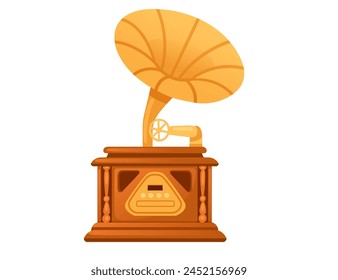 Retro style old golden gramophone with wooden base vector illustration isolated on white background