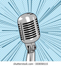 Retro style old microphone pop art vintage vector illustration. Halftone pattern background