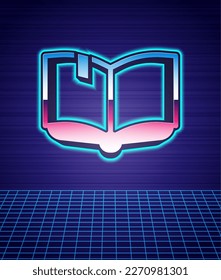 Retro style Open book icon isolated futuristic landscape background. 80s fashion party. Vector