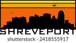 Retro style orange and yellow horizon rectangular horizontal graphic with Shreveport Louisiana buildings black city skyline silhouette. Vector eps graphic design. 