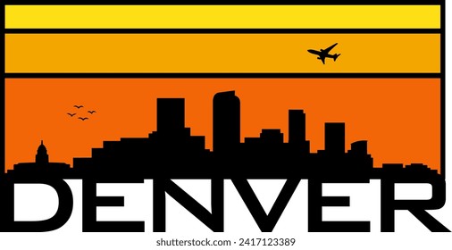 Retro style orange and yellow horizon rectangular horizontal graphic with Denver Colorado buildings black city skyline silhouette. Vector eps graphic design. 