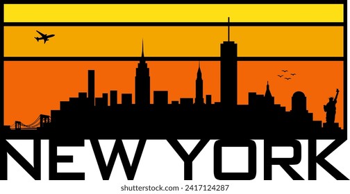 Gráfico horizontal rectangular de horizonte anaranjado y amarillo de estilo retro con silueta de perfil urbano negro de los edificios de Nueva York. Diseño gráfico de vectores. 