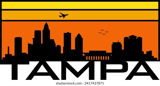 Retro style orange and yellow horizon rectangular horizontal graphic with Tampa Florida buildings black city skyline silhouette. Vector eps graphic design. 