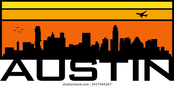 Retro-Stil orange und gelb Horizont rechteckige horizontale Grafik mit Austin Texas Gebäude schwarze Stadt Skyline Silhouette. Vektorgrafik-Design. 