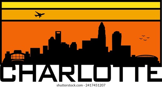 Retro style orange and yellow horizon rectangular horizontal graphic with Charlotte North Carolina buildings black city skyline silhouette. Vector eps graphic design. 