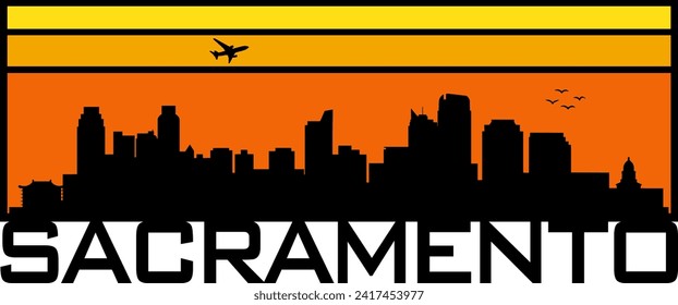 Retro style orange and yellow horizon rectangular horizontal graphic with Sacramento California buildings black city skyline silhouette. Vector eps graphic design. 