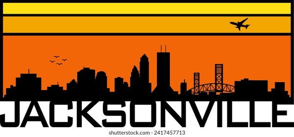 Retro style orange and yellow horizon rectangular horizontal graphic with Jacksonville Florida buildings black city skyline silhouette. Vector eps graphic design. 