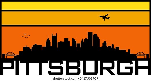 Retro style orange and yellow horizon rectangular horizontal graphic with Pittsburgh Pennsylvania buildings black city skyline silhouette. Vector eps graphic design. 