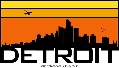 Retro style orange and yellow horizon rectangular horizontal graphic with Detroit Michigan buildings black city skyline silhouette. Vector eps graphic design. 