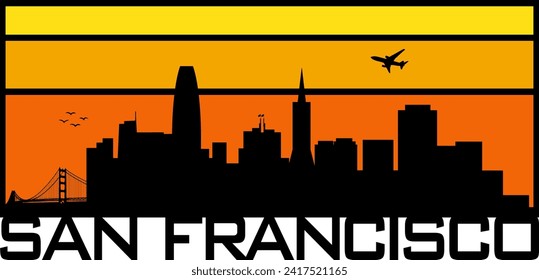 Retro style orange and yellow horizon rectangular horizontal graphic with San Francisco California buildings black city skyline silhouette. Vector eps graphic design. 