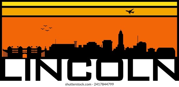 Retro style orange and yellow horizon rectangular horizontal graphic with Lincoln Nebraska buildings black city skyline silhouette. Vector eps graphic design. 