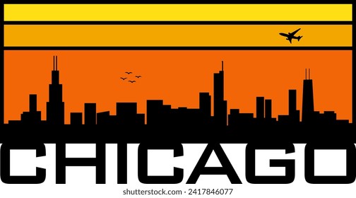 Retro style orange and yellow horizon rectangular horizontal graphic with Chicago Illinois buildings black city skyline silhouette. Vector eps graphic design. 